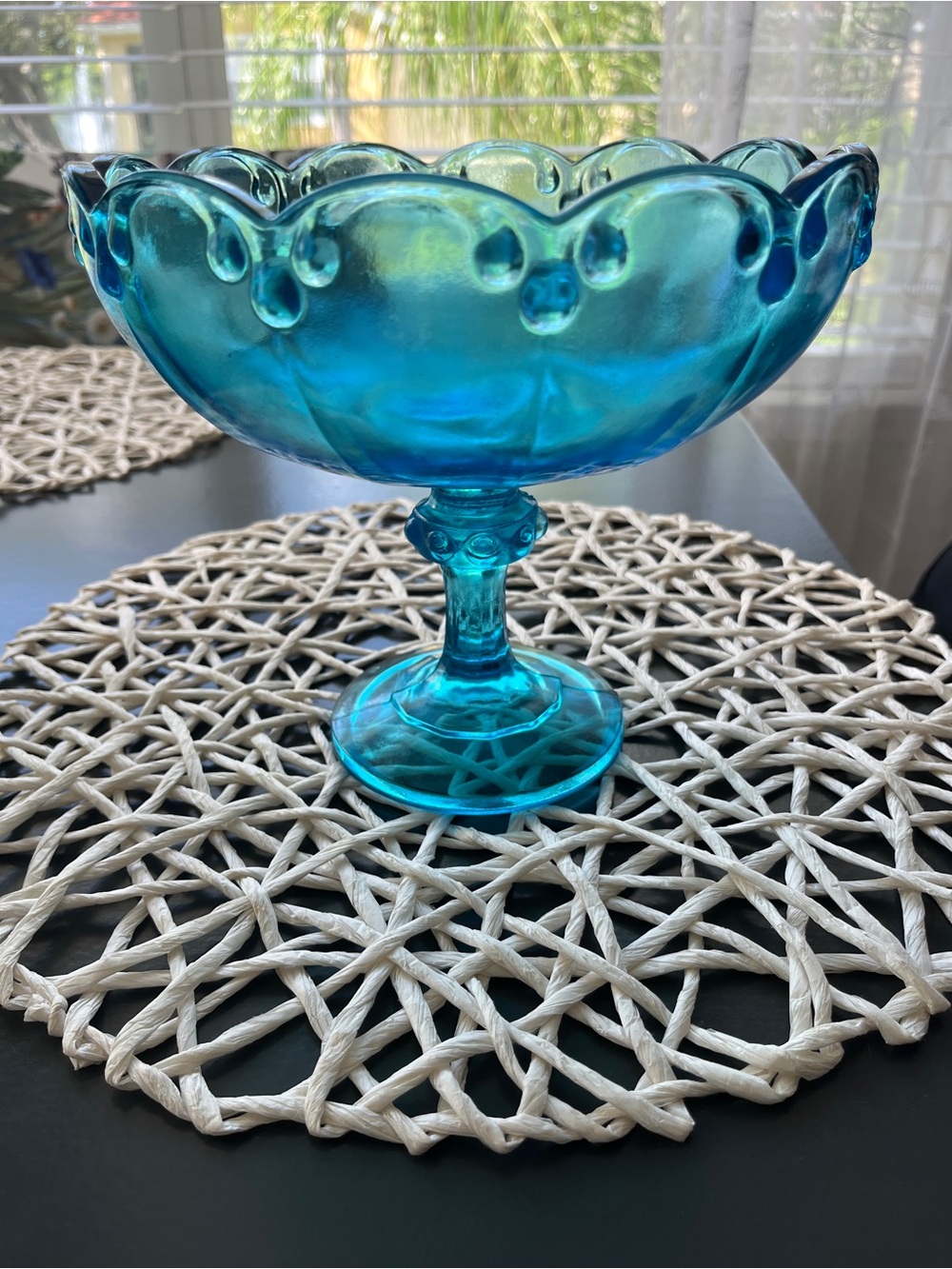 Vintage Indiana Glass Blue Compote Pedestal Bowl - Decorative Home Art